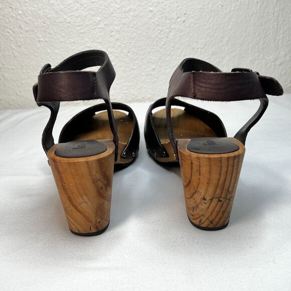 Lisa B Peep Toe Clogs Low Wood Heel Chocolate Brown Leather 40 Boho US 8.5 / 9 - Picture 5 of 13